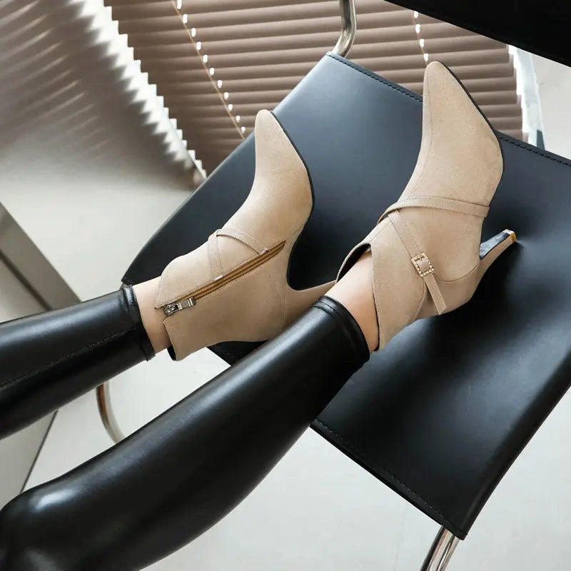 REAVE CAT Sexy Women Ankle Boots Big Size 46 47 Pointed Toe Autumn Flock Suede Shoes Party Elegant Bota 33 34