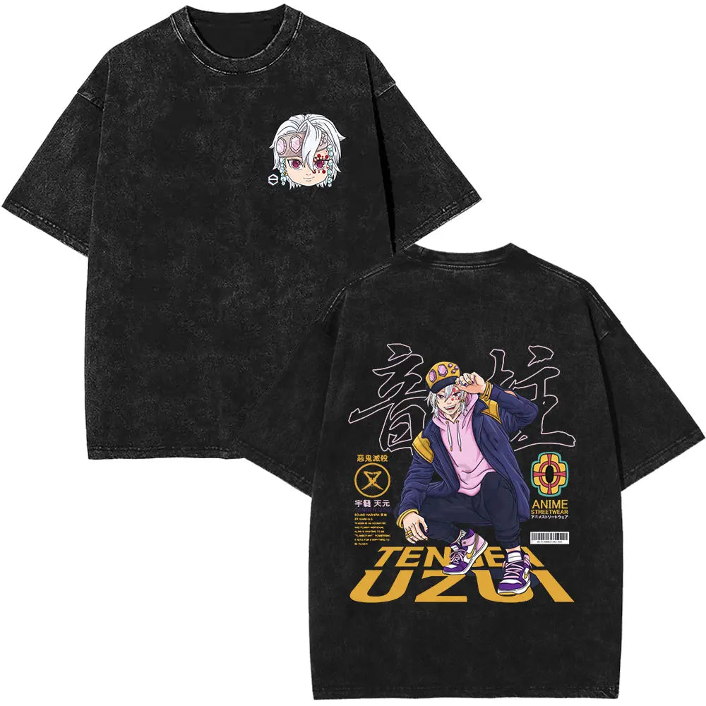 Demon Slayer Tengen Uzui Ninju Mice GYM Washed T Shirts Kimetsu No Yaiba Tee Shirt Cotton T-Shirt Unisex Casual Oversized Tops