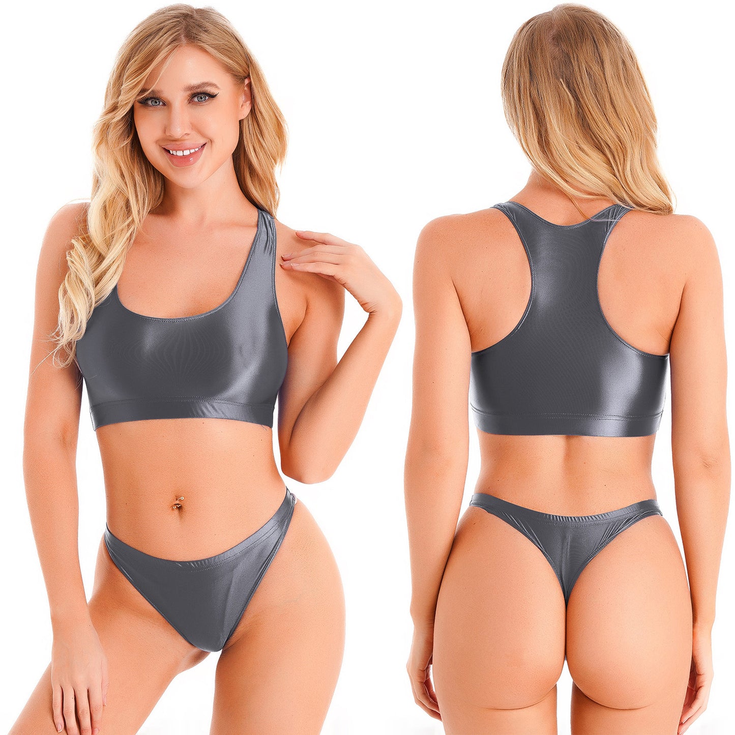 Women Glossy Swimsuit Outfit Oil Shiny Camis Crop Top Sports Fitness Smooth Tank Tops T-shirt With Panties Boxer Shorts Swimwear