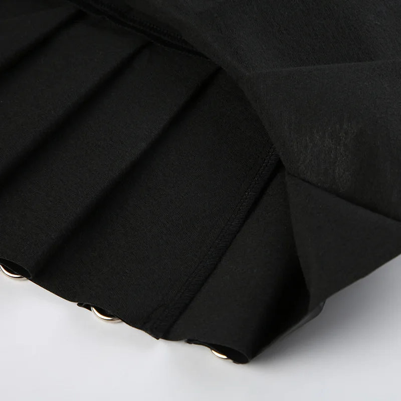 2025 New PU Leather Hollow Hoop High-waisted Velcro Slim A-line Pleated Skirt Short Dress for Women