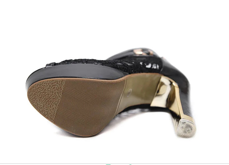 Sexy Mesh Fabric Platform High Heels Boots Sandals Women Peep Toe Nightclub Party Stiletto Female Shoes