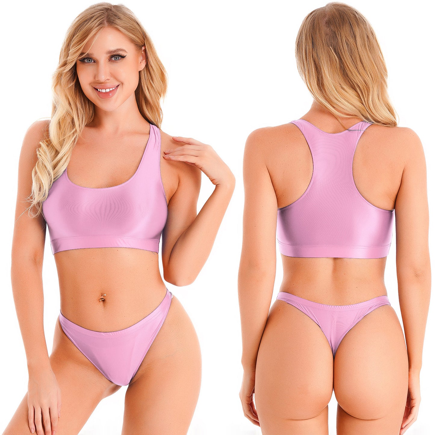 Women Glossy Swimsuit Outfit Oil Shiny Camis Crop Top Sports Fitness Smooth Tank Tops T-shirt With Panties Boxer Shorts Swimwear