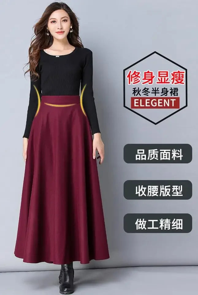 Autumn and Winter Solid Color Woolen Skirt Big Hem A- line Skirt High Waist Long Woman Skirts Mujer Faldas Saias Mulher