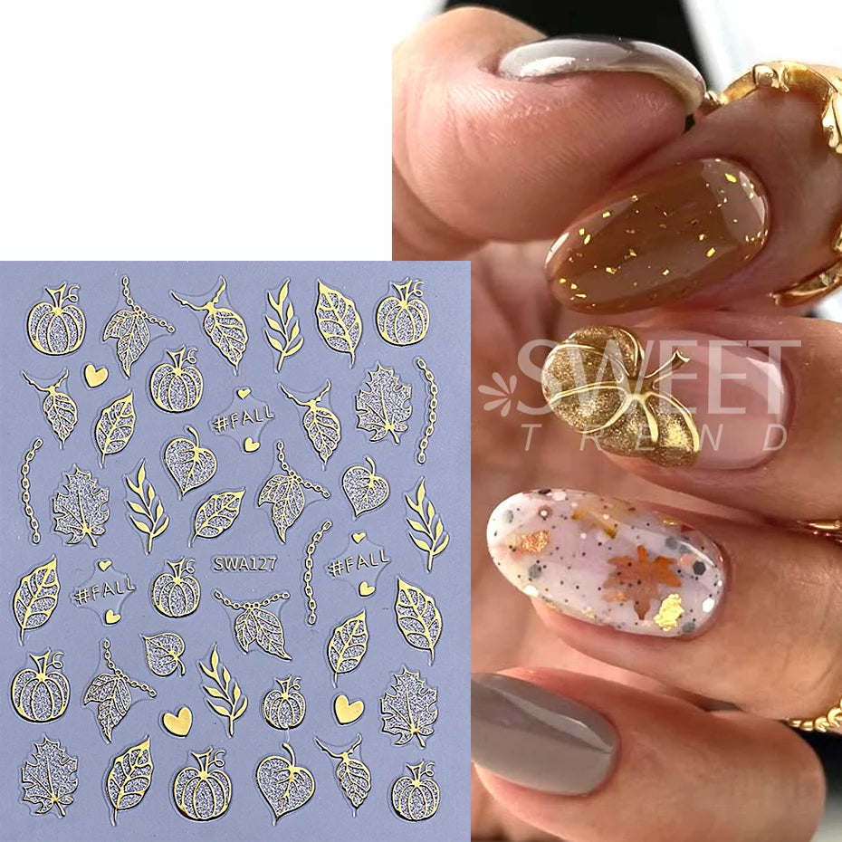 3pcs Autumn Nail Art Stickers Decal Golden Pumpkin Ghost Spider 3D Adhesive Slider for Halloween Thanksgiving Day Manicure Decor