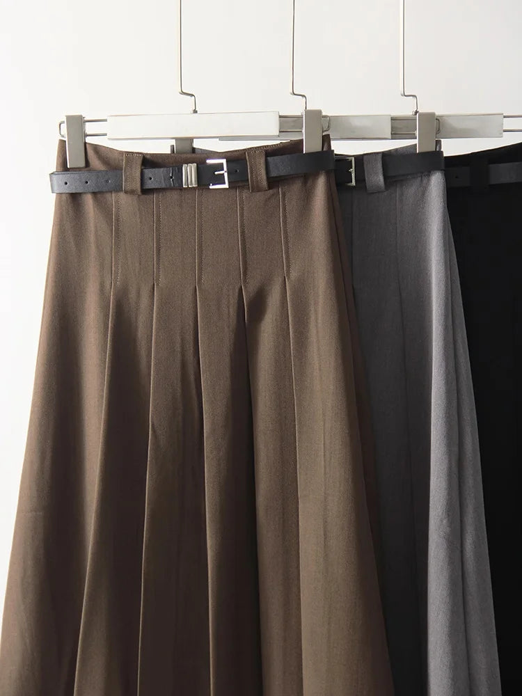 Gray Midi Pleated Skirts For Women Autumn 2024 High Waist A Line Maxi Zipper Skirts For Office Lady Long Skirt Woman Black