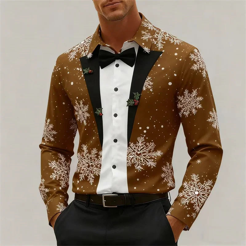 Christmas Men's Snowflake Bow Tie Pattern 3D Print Christmas Shirt Long Sleeve Tops Outdoor Holiday Gift Shirt Men Clothing