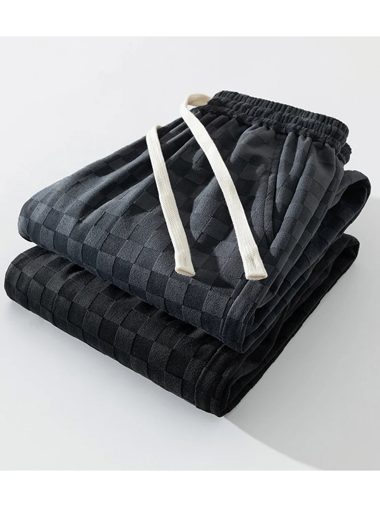 Men's Checkered Velvet Sweatpants, Loose Drawstring Trousers, Trendy Checkered Pattern, Fall and Winter Casual Streetwear