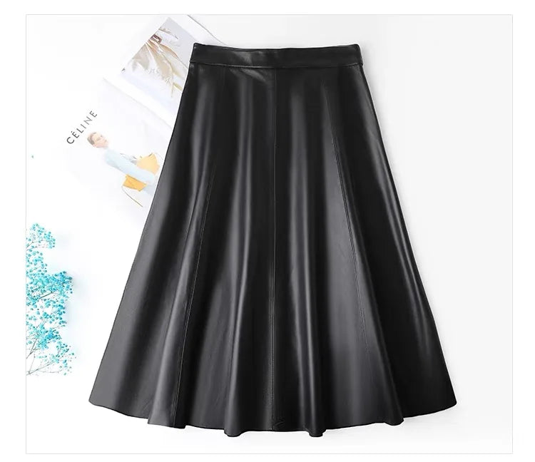 Women Caramel Genuine Leather Skirt 2025 Winter Female Natural Skin A-line Simple Big Hem Pleated Long Faldas Apricot Ropa Mujer