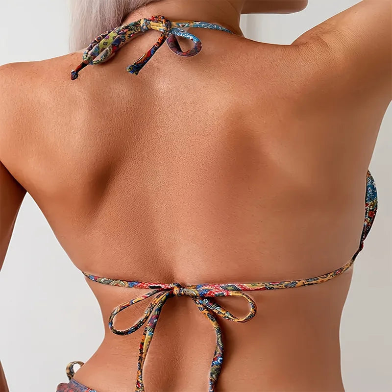 Mr. Nut 2025 New Neck Print Lace Up Split Swimsuit Women Sexy Bikini Beach Leak Back Swimsuit Bikini