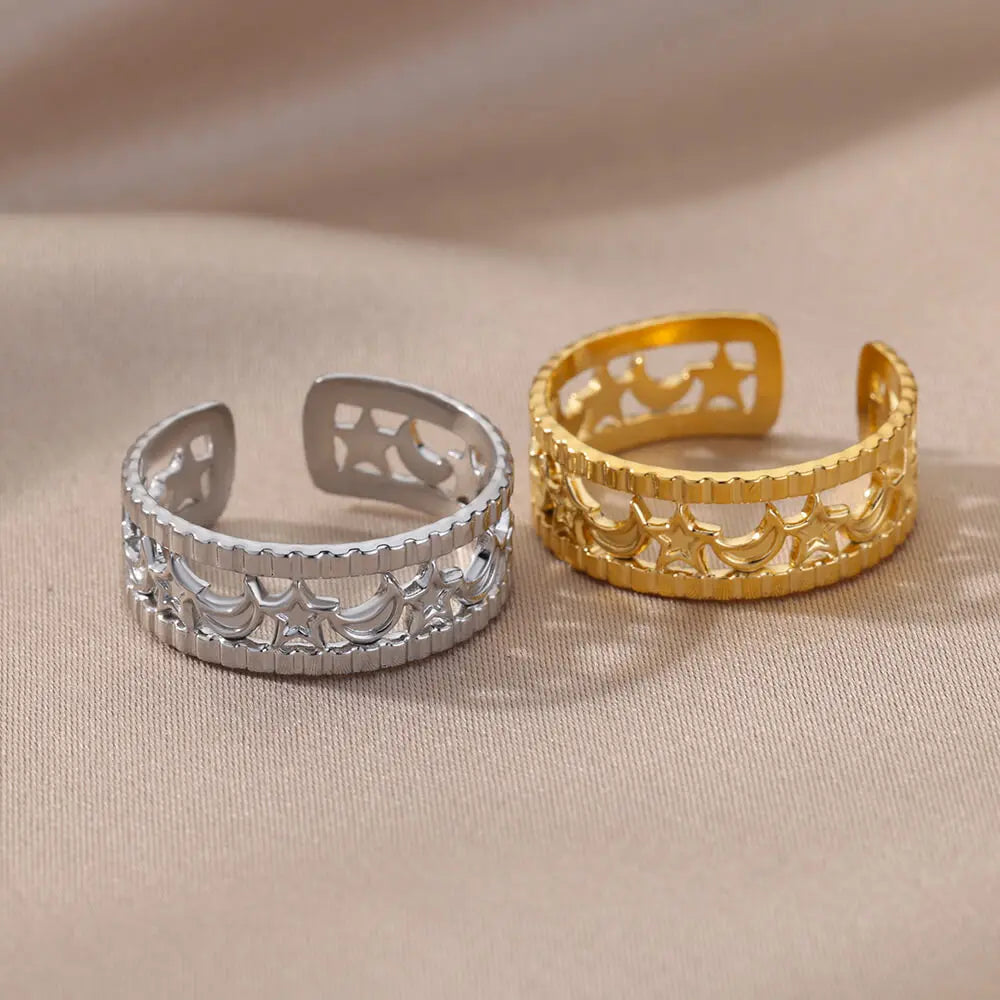 Stainless Steel Twist Chain Adjustable Rings for Women Men Simple Geometric Leave Flower Open Ring Jewelry Female Holiday Gifts