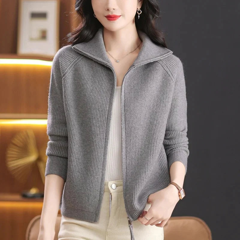 Women's Knitted Open Cardigan Coat Double Zipper Flip Collar Outerwear Fashionable Spring Autumn Winter New Arrival Top