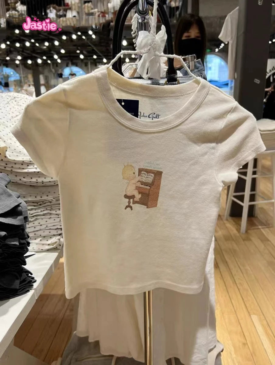 Cartoon Print Beige T-shirts Women 2024 Summer Streetwear Round Neck Short Sleeve T Shirt Female Vintage Chic Y2k Crop Top