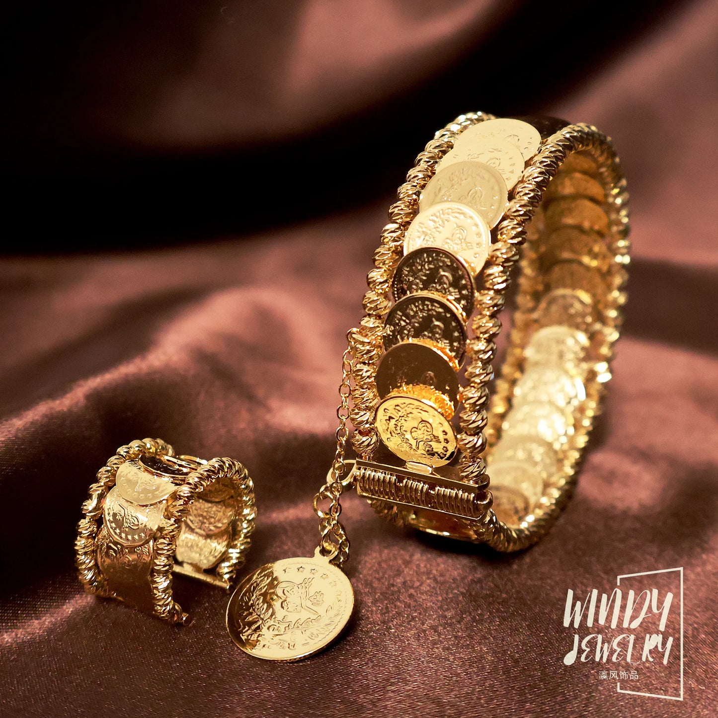 Windy Jewelry Coin Jewelry Sets 24k Gold Plated Dubai Arab Women Luxury Cuff Bangles Bridal Wedding Bracelet Rings