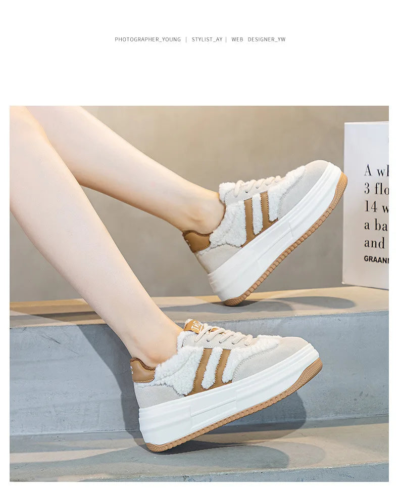 6CM Pink Natural Genuine Leather Fashion Breathable Casual Women's Shoes Platform Warm Plush Winter Autumn Comfy Ankle Booties