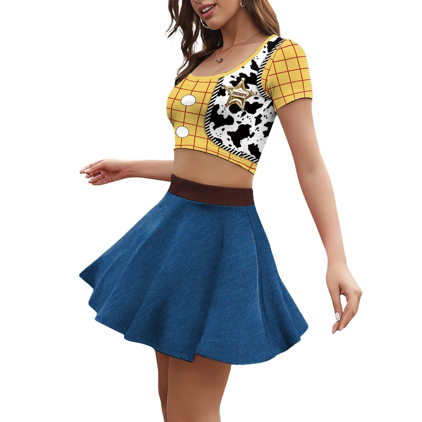 Nadanbao Jessie Halloween Cosplay Skirt for Women 3D Patchwork Printing Crop Top Blue Short Skirt Fashion Cheerleaders Clothing