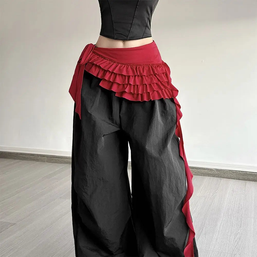 Embroidered Flower Lace Mini Skirt See Through Irregular Ruched Skirts Harajuku Lace-up Design Lace Up Ruffles Skirt