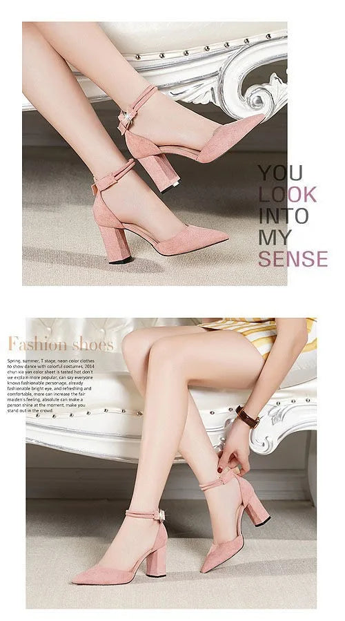 2025 Summer Square High Heels Women Shoes Flock Pointed Sandals Sexy Female Sandalias Shoes Ankle Buckle 6cm Heel Casual Pumps