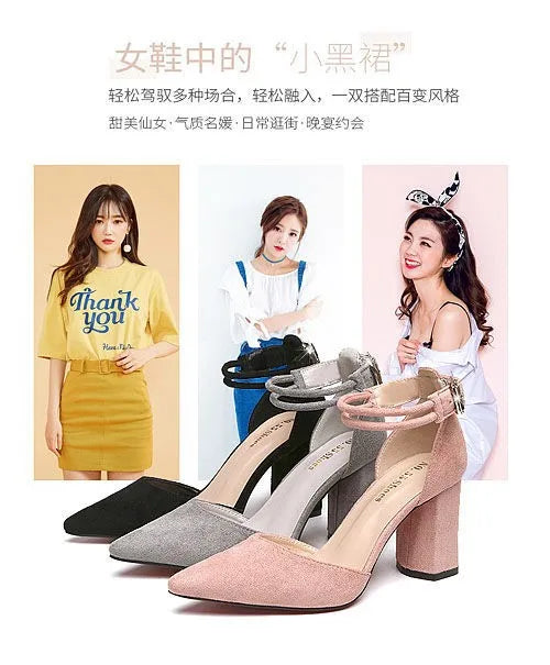 2025 Summer Square High Heels Women Shoes Flock Pointed Sandals Sexy Female Sandalias Shoes Ankle Buckle 6cm Heel Casual Pumps