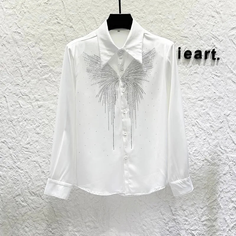 Heavy Industry Butterfly Rhinestone Shirt Men's Korean Version Shoulder Pad Versatile Casual Shirt Stage Performance Streetwear