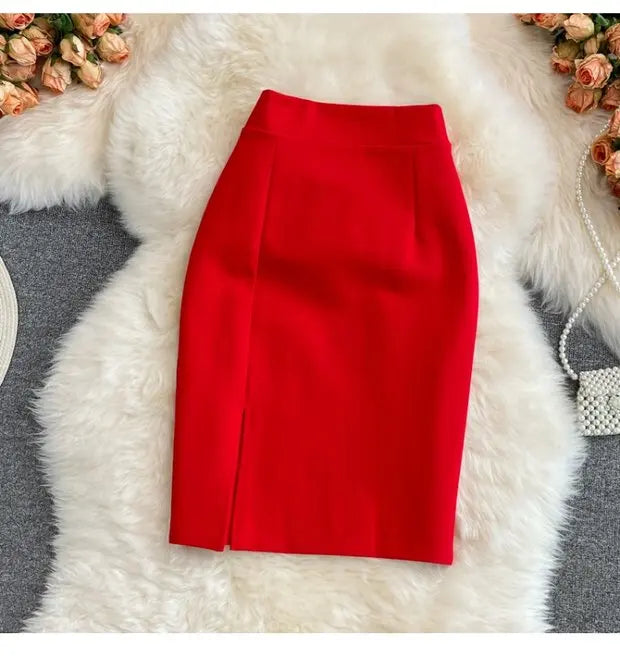 High Waist Midi Skirt Women's OL Profional Slimming Side Slit Wrap around A-Line One Step Skirt Korean Sle Commute Pure ...