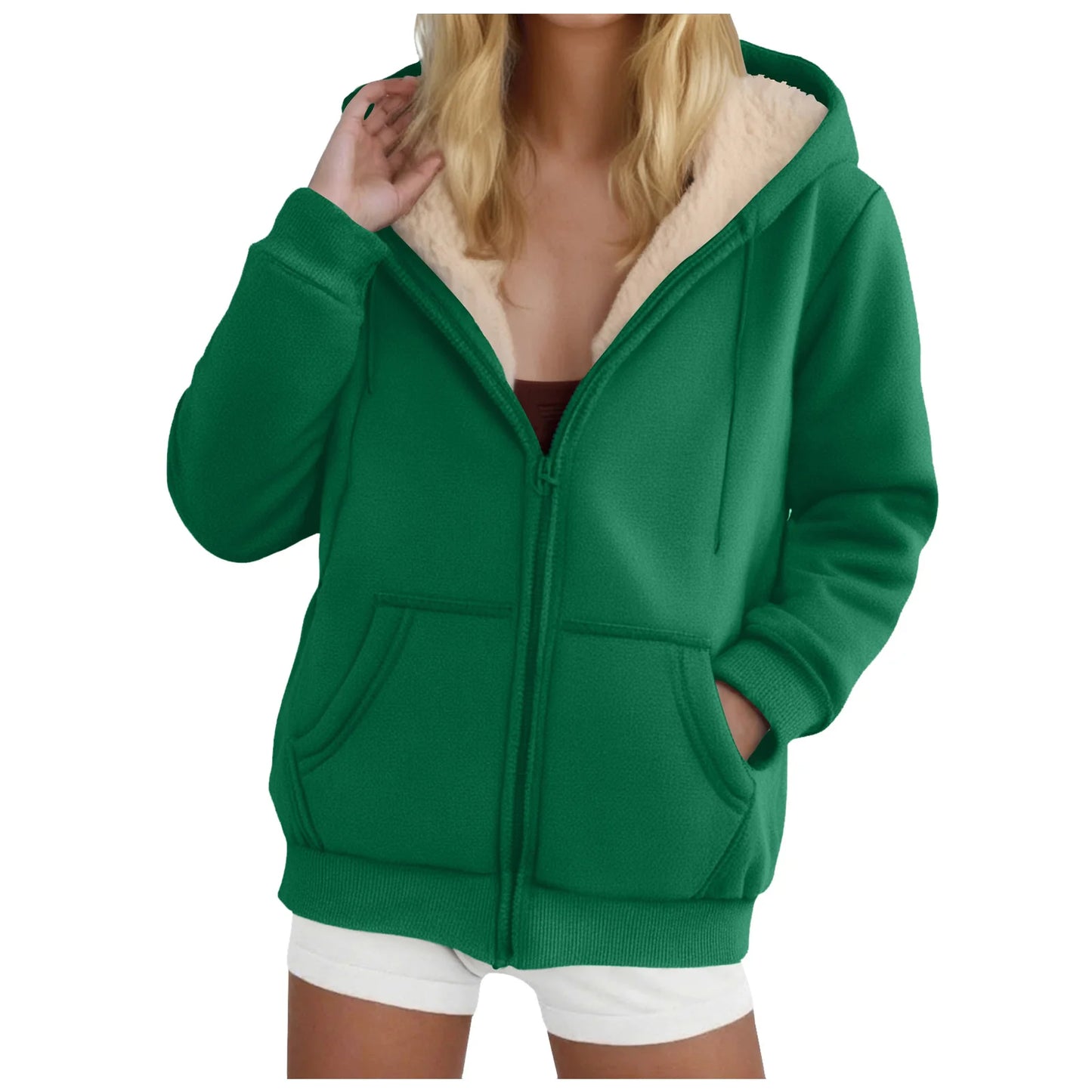 Women's Fleece-Lined Thickened Hooded Sweatshirt Solid Color Autumn Winter Thick Warm Hoodies Zipper Up Pocket Loose Jackets