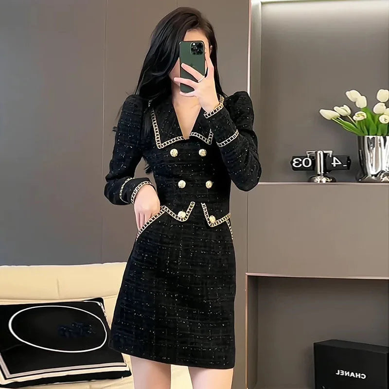 Spring Autumn High End Small Fragrant Elegant Dress Women New French Long Sleeve Fake Two Piece Dress Ladies Tweed Slim Dresses