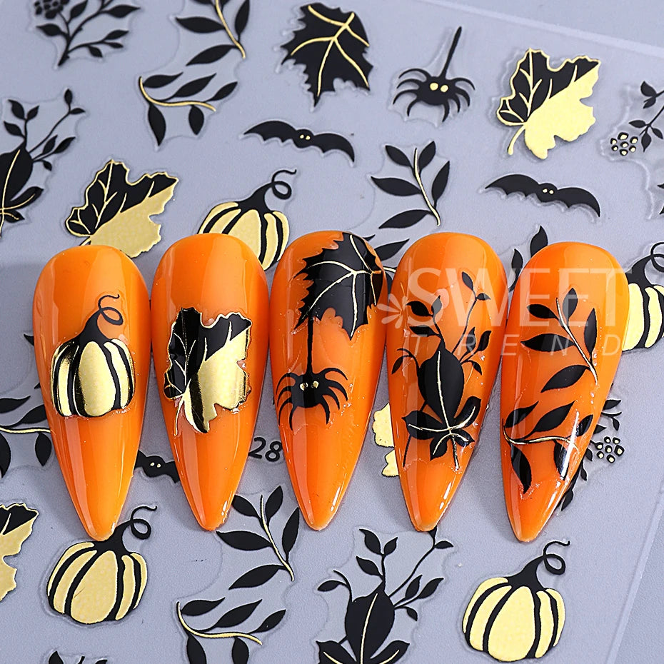 3pcs Autumn Nail Art Stickers Decal Golden Pumpkin Ghost Spider 3D Adhesive Slider for Halloween Thanksgiving Day Manicure Decor