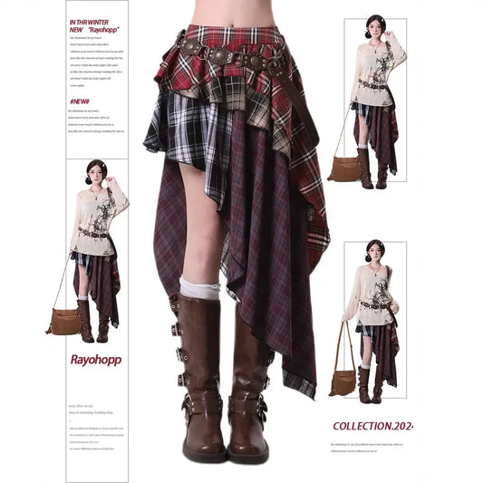 American Plaid Half Skirt Women's Spring Summer New Style Pleated Asymmetrical Color Block Short Skirt A- Line Polyester Fiber