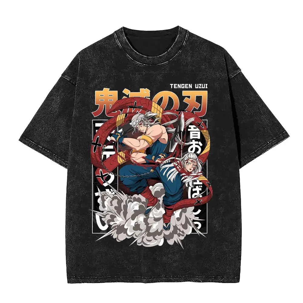 Demon Slayer Tengen Uzui Ninju Mice GYM Washed T Shirts Kimetsu No Yaiba Tee Shirt Cotton T-Shirt Unisex Casual Oversized Tops