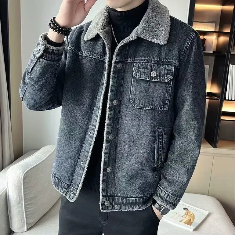 Men's Denim Jacket Winter Thickened Fleece Lined Fashionable New Arrival Hot Sale Of The Season Cotton Coat with Lamb Fur Collar