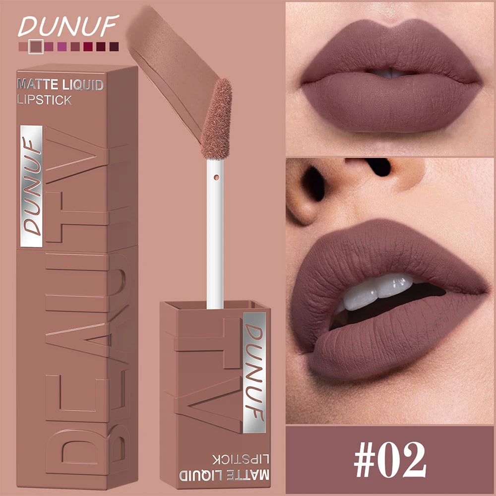 DUNUF  8-color matte velvet smooth easy-to-apply square tube lip gloss waterproof three-dimensional plumping lipstick