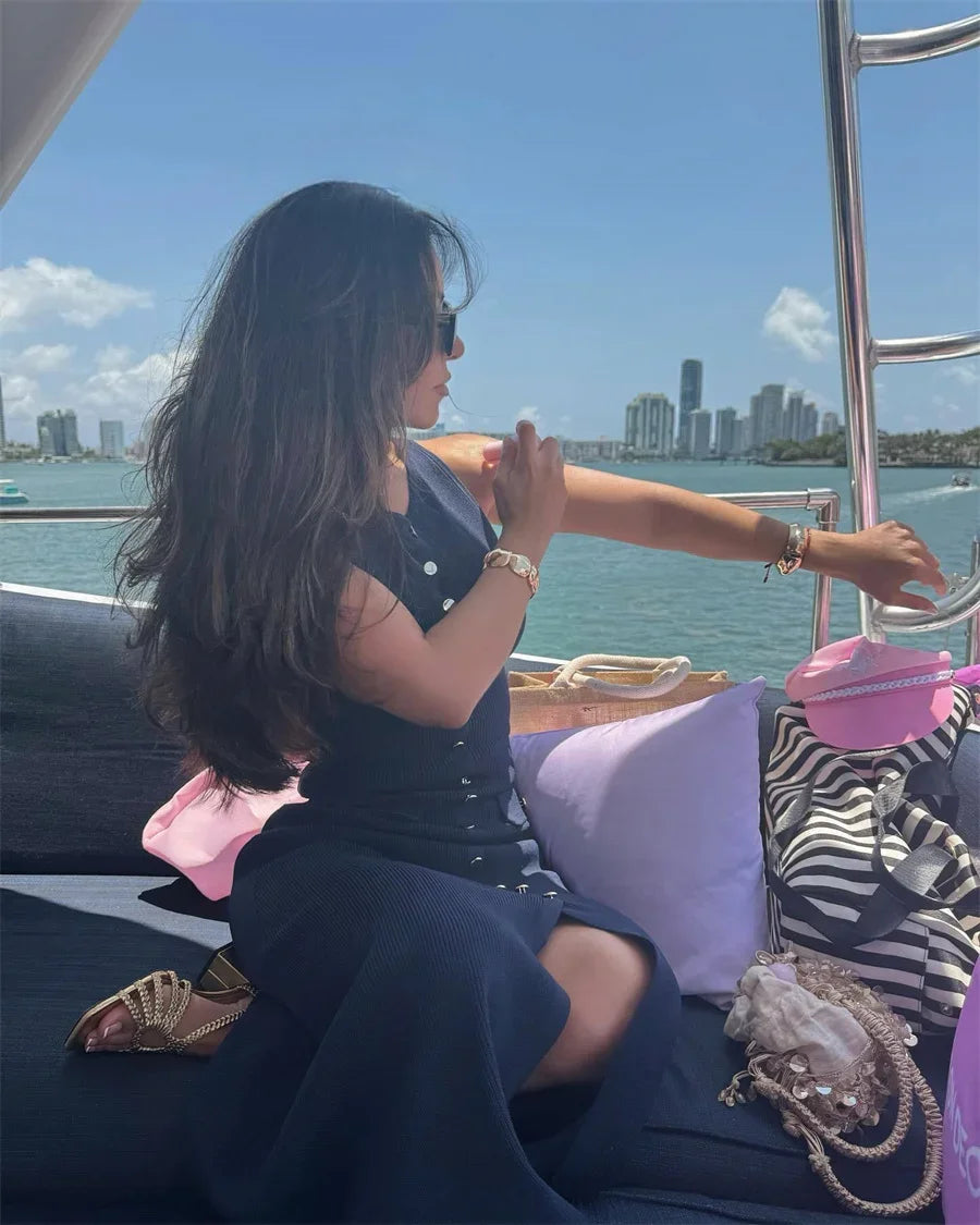 Elegant Knitted Midi Dresses Women's Black White Patchwork Slit Single Breasted Sleeveless Curvy Dress 2025 Summer Street Wear