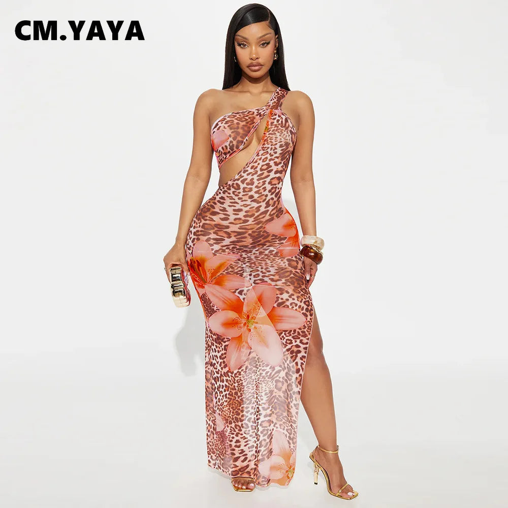 CM.YAYA Women Floral Leopsrd Printed Sleeveless High Side Split Long Maxi Dress 2025 Skew Collar Sexy Birthday Party Dresses
