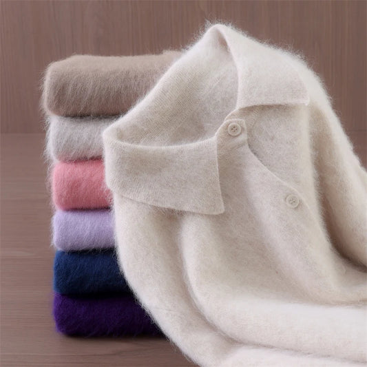 Chic Female Grace Soft Knitwear Women's Polo Collar Button Cardigan 100% Mink Cashmere Sweater Autumn Winter Soft Casual Tops