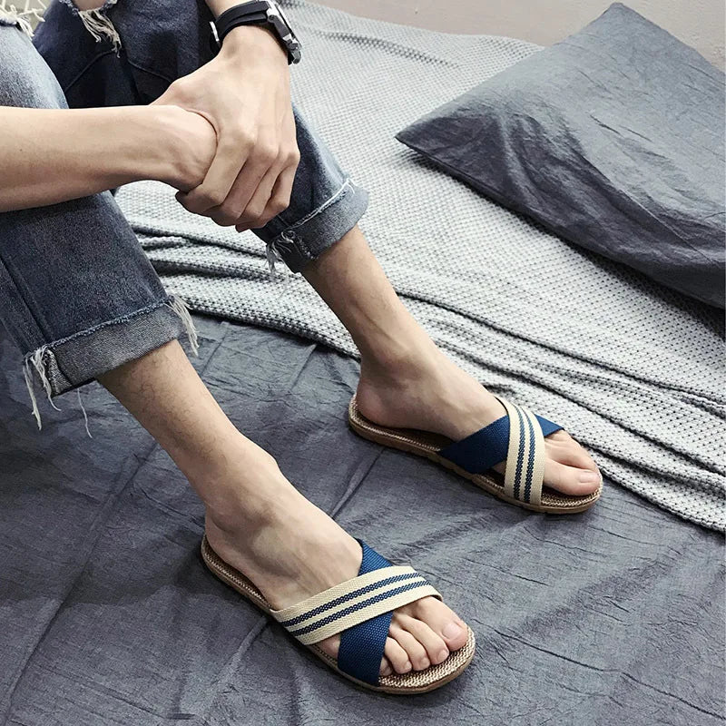 Women's EVA Linen Slippers Couple Indoor Slippers Cotton Home Non-slip Thick Bottom Summer Sandal Slippers Men