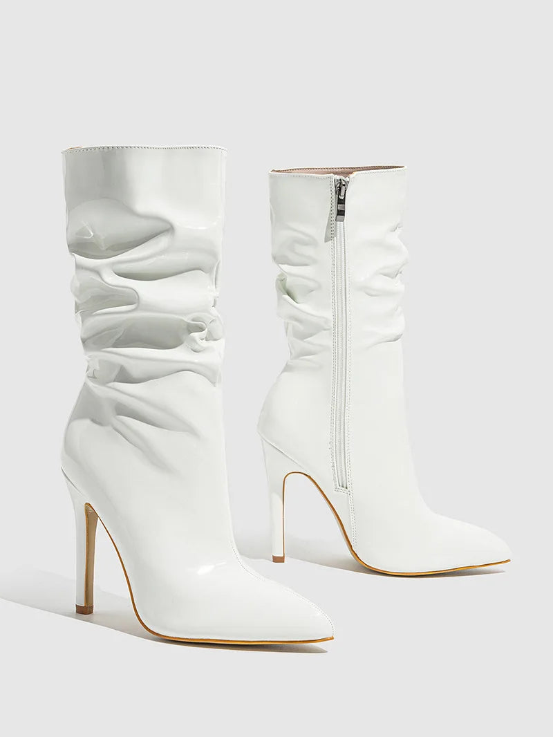 High-quality Pointed Toe Ladies Boots 11CM Stiletto Fashion Women Party Shoes Mid-Calf Boots Side Zipper Pleated High heels 42