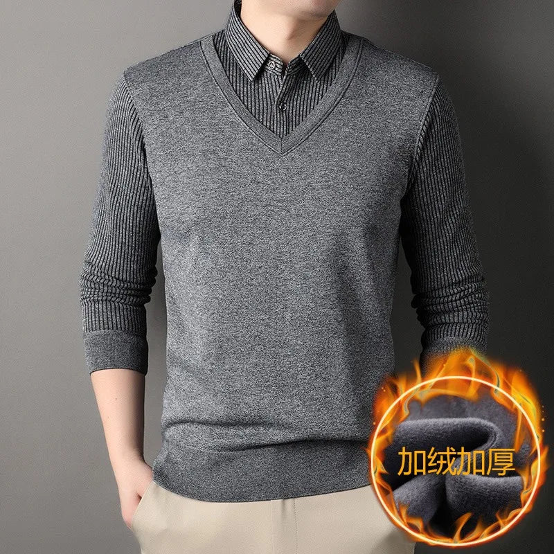 Men's Long Sve Fce Lined Knitted irt Busin Casual Sle Winter Warm Top Fake Two-Piece Design Comfortable Fit