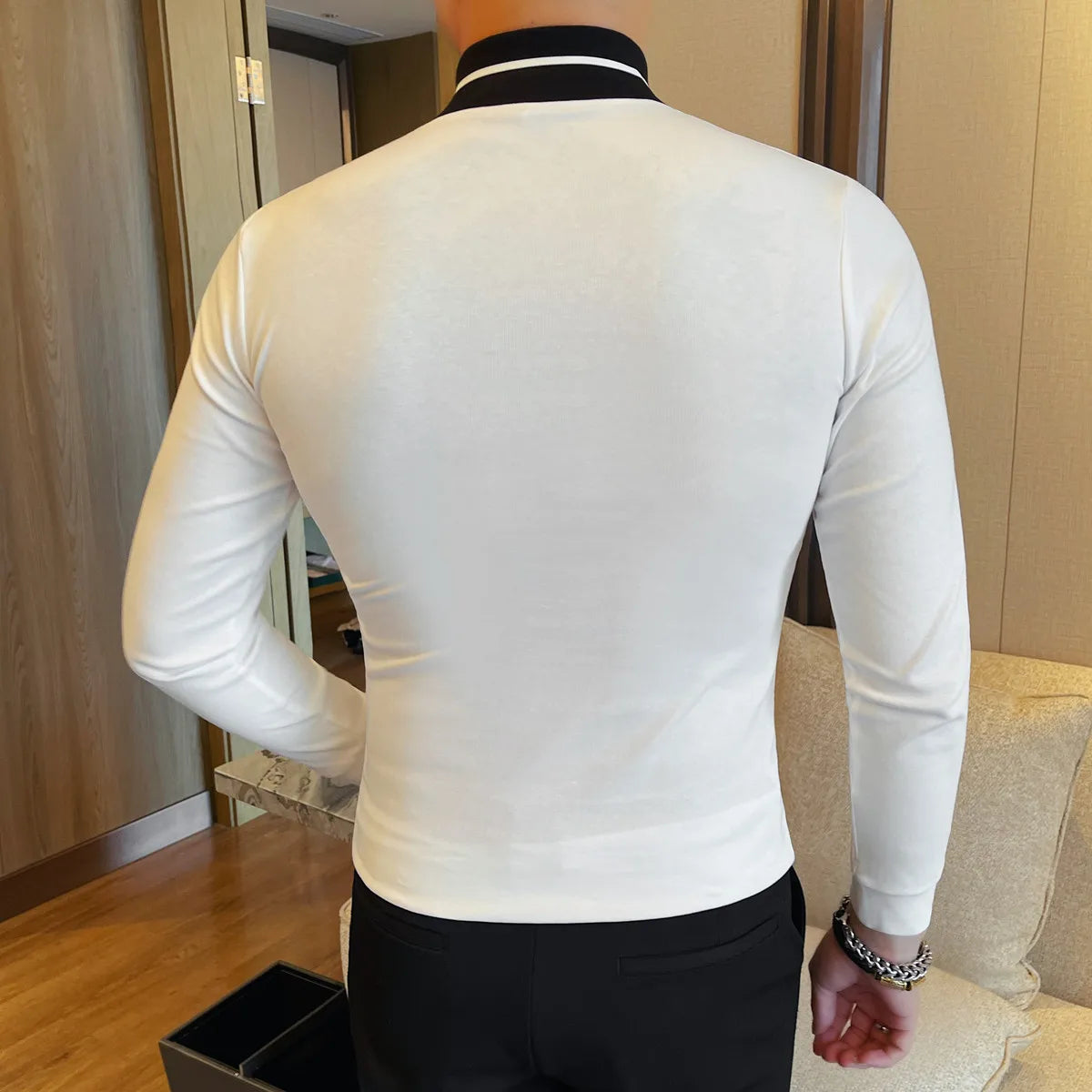 Autumn Winter Men's Mock Neck Long Sleeved T-shirt Slim Fit Elastic Solid Color Base Shirt Versatile Casual Business T-shirts