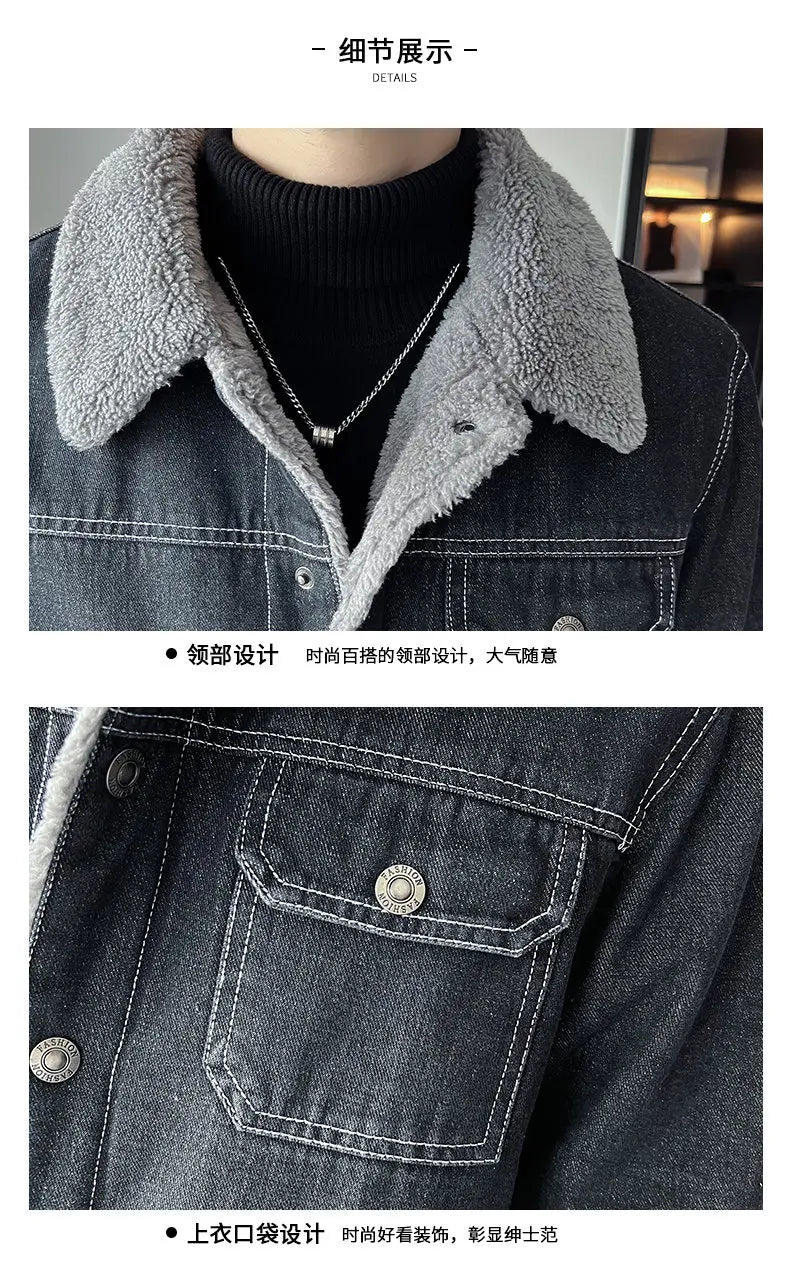 Men Denim Jacket Men Fleece Trendy Winter Velvet Coats 2025 Men Korean Slims Casual Thick Jacket Male Lamb Fur Casual Outerwear