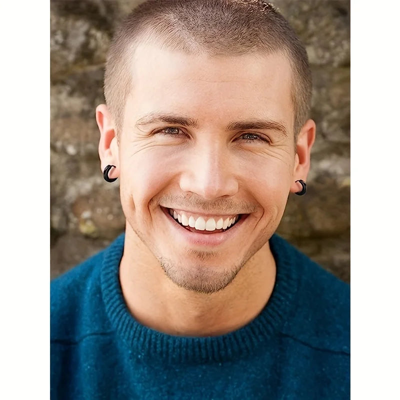 Stylish Men's 4-Pair Earring Set - Black Stainless Steel Studs & Hoops, Durable, Versatile & Allergy-Free