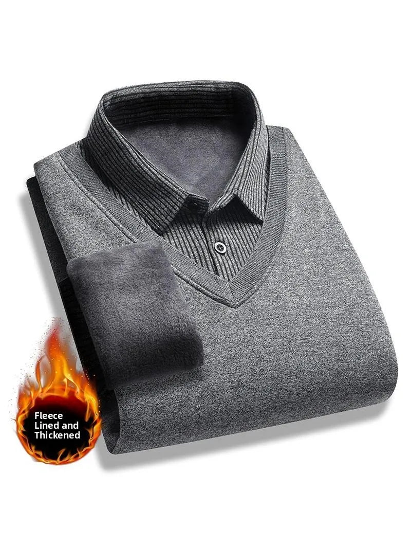 Men's Long Sve Fce Lined Knitted irt Busin Casual Sle Winter Warm Top Fake Two-Piece Design Comfortable Fit