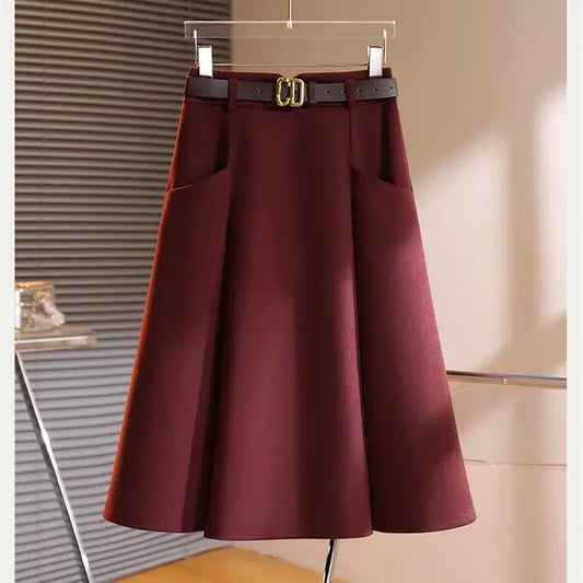 New Spring Autumn Fashion Skirt Women Elegant High Waist Solid Color A-line Casual Midi Skirts Office Lady Women's Clothing