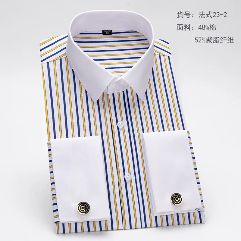 Quality Men Casual Slim Fit Shirt Mens Long Sleeve Business Dress Shirts French Cufflinks Shirt Male Striped Shirt