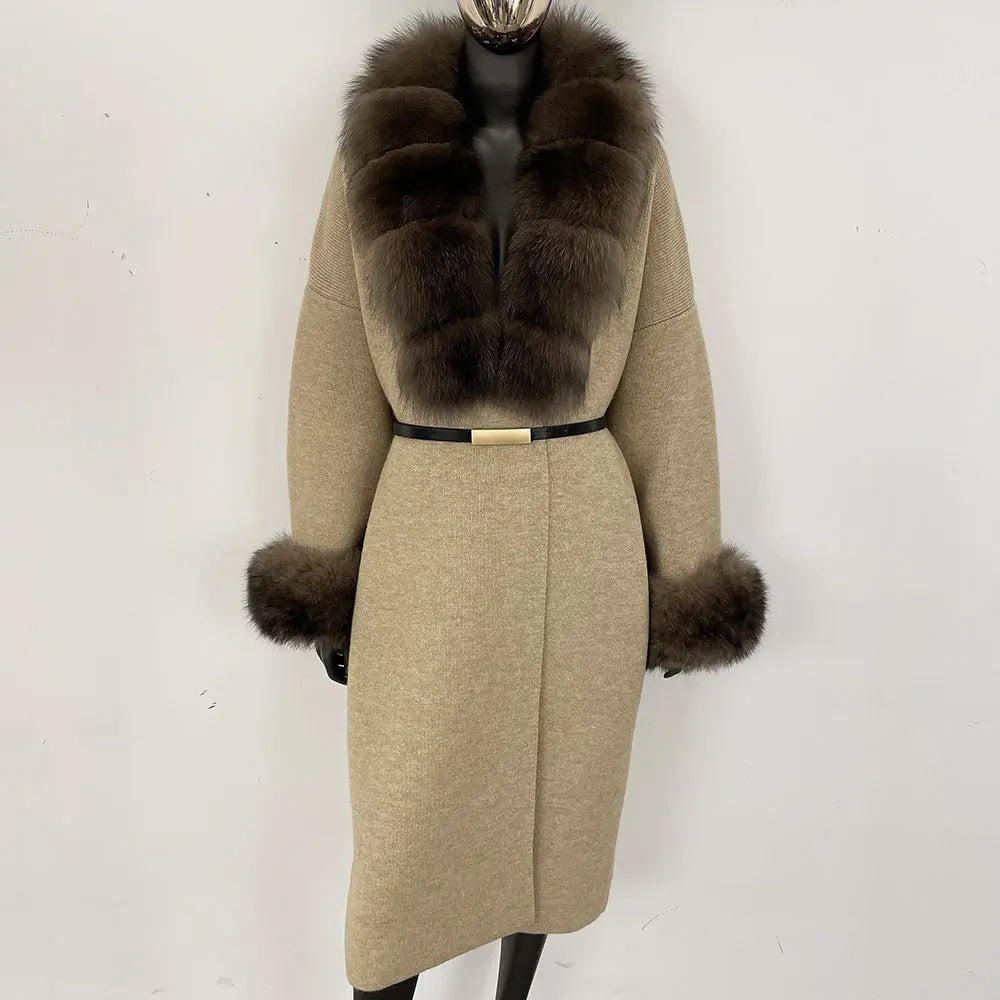 Long Knitwear Coat Women Warm Belt Real Fox Fur Jacket Female 2024 New Autumn Winter Kintted Natural Fur Coat Women