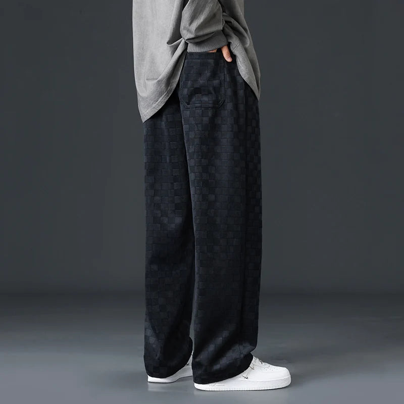Men's Checkered Velvet Sweatpants, Loose Drawstring Trousers, Trendy Checkered Pattern, Fall and Winter Casual Streetwear
