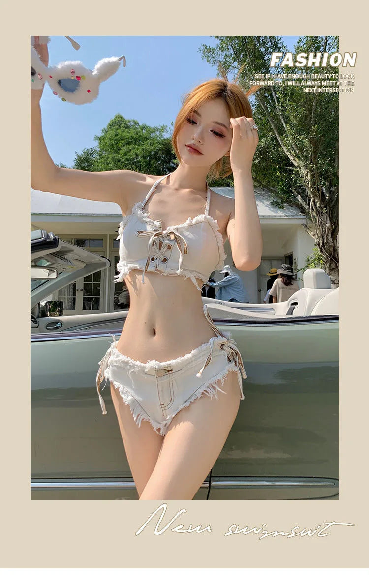 New In Women Beach Sexy Denim Bikini Sets 2025 Nightclub Bar Wear Halter Tops And Mini Hotpants