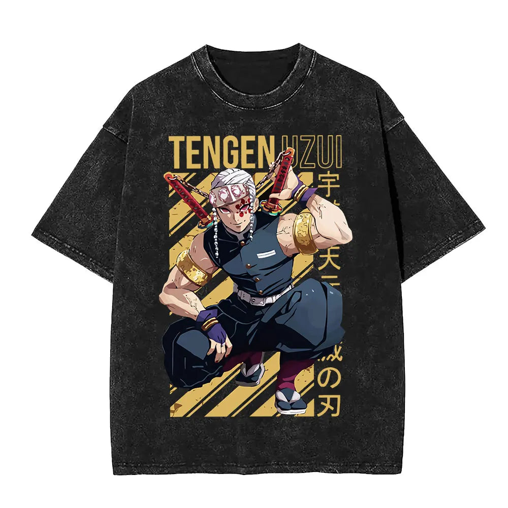 Demon Slayer Tengen Uzui Ninju Mice GYM Washed T Shirts Kimetsu No Yaiba Tee Shirt Cotton T-Shirt Unisex Casual Oversized Tops