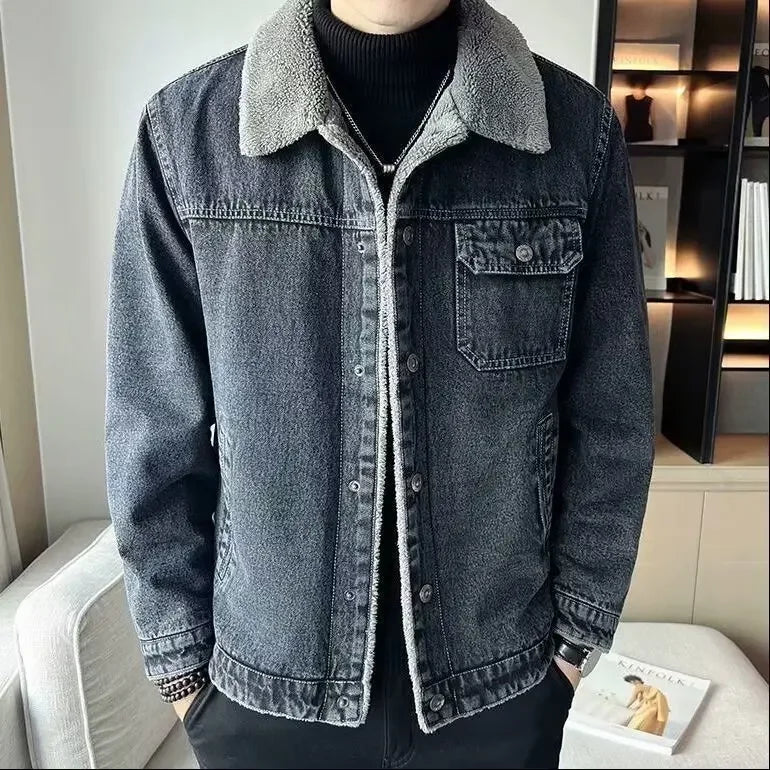 Men's Denim Jacket Winter Thickened Fleece Lined Fashionable New Arrival Hot Sale Of The Season Cotton Coat with Lamb Fur Collar