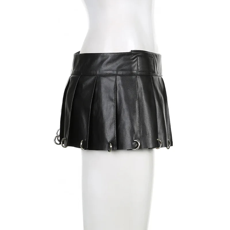 2025 New PU Leather Hollow Hoop High-waisted Velcro Slim A-line Pleated Skirt Short Dress for Women