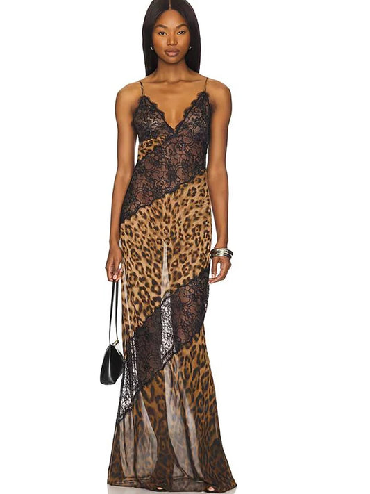 JULISSA MO Patchwork Sexy See Through Lace Print Leopard Maxi Dress For Women Spaghetti Strap V-neck Elegant Party Evening Dress